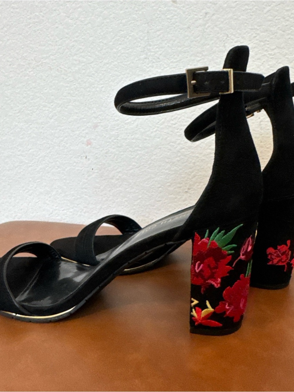 Kenneth Cole Black Ankle-Strap Block Heels with Red Floral Embroidery